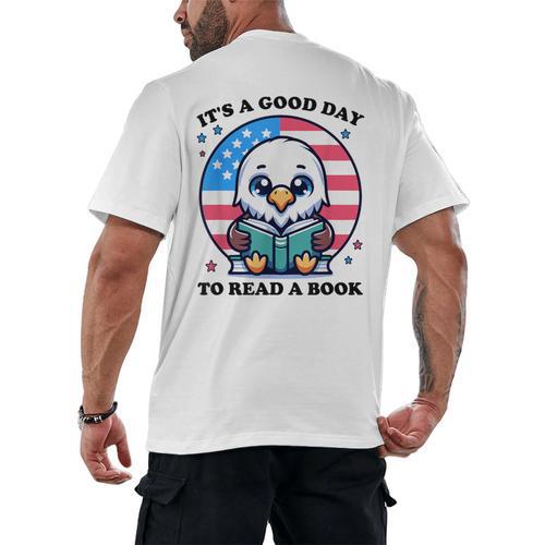 A Good Day To Read a Book Reading Eagle With American Flag Men's Back Print T-Shirt - Bookorys