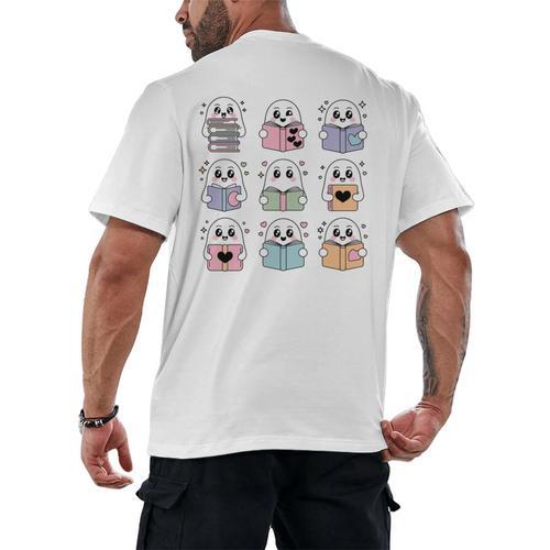 Halloween Ghosts Reading Books Pattern Spooky Kawaii Anime Men's Back Print T-Shirt - Bookorys