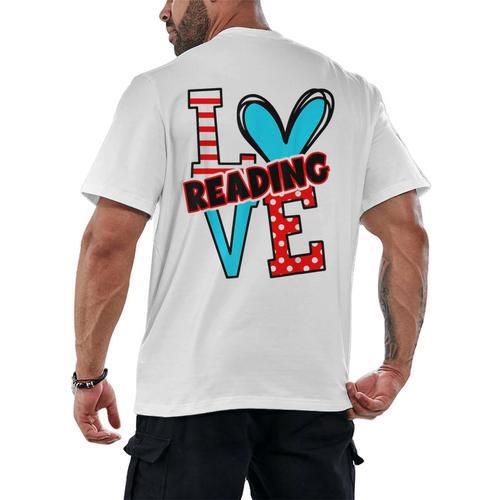 I Heart Books Love Reading Red And Stripe Animated Cat For Men Women Girls Kids Men's Back Print T-Shirt - Bookorys AU