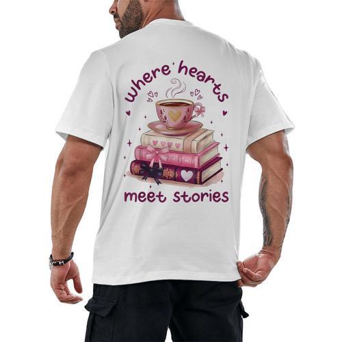 Where Hearts Groovy Meet Stories Coffee Books Valentines Day Men's Back Print T-Shirt - Bookorys