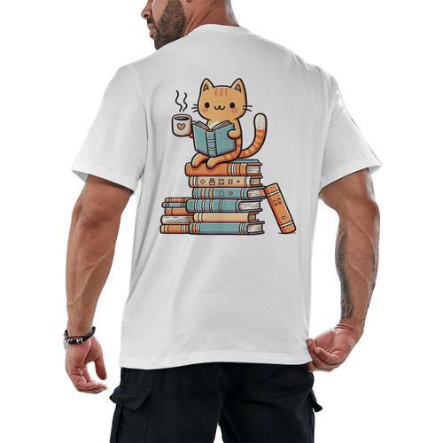 Kawaii Cat Coffee Books Teacher Men Women Girls Kids Men's Back Print T-Shirt - Bookorys AU
