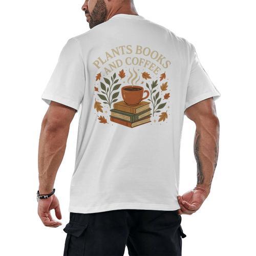 Plants Books And Coffee Nature Leaves Reading Book Lover Premium Tri-Blend Men's Back Print T-Shirt - Bookorys