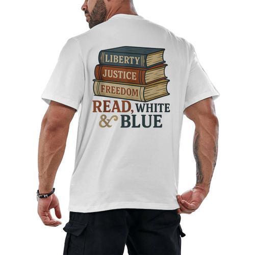 Read Blue Liberty Books July 4th Independence Men's Back Print T-Shirt - Bookorys DE