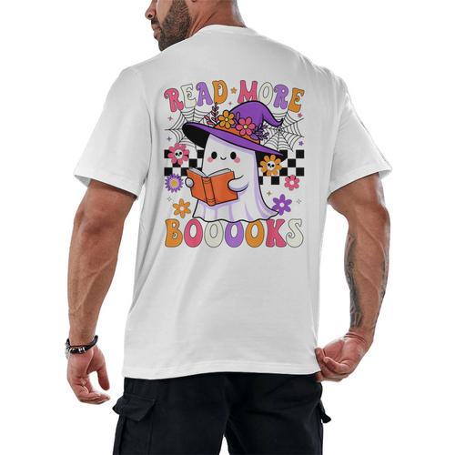 Read More Books Ghost Reading Book Teacher Halloween Men's Back Print T-Shirt - Bookorys