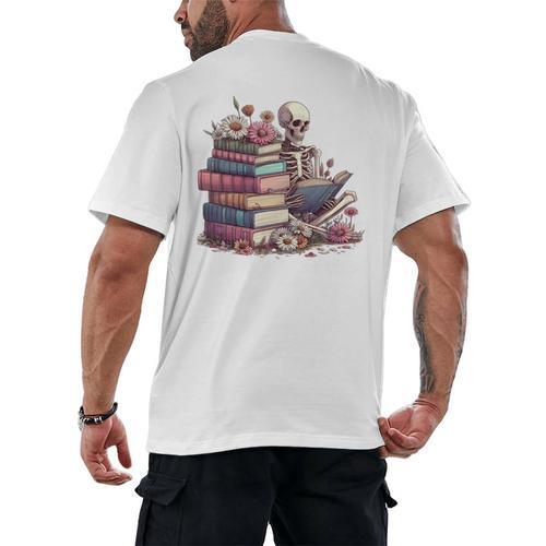 Reading A Book Per Day Keeps Reality Away Skeleton Books Men's Back Print T-Shirt - Bookorys DE