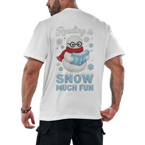 Reading Is Snow Much Fun Book Lover Winter Snowman Humor Men's Back Print T-Shirt - Bookorys CA