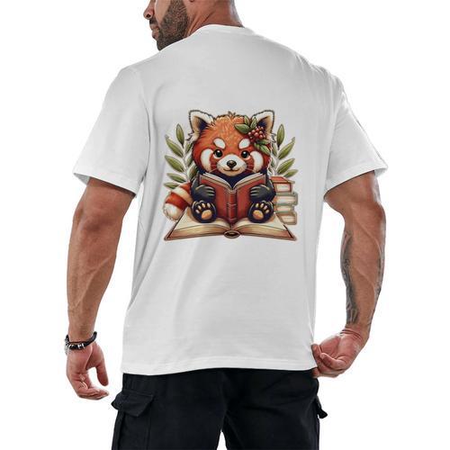 Red Panda Reading Books Pandas Cottagecore Aesthetic Kids Men's Back Print T-Shirt - Bookorys