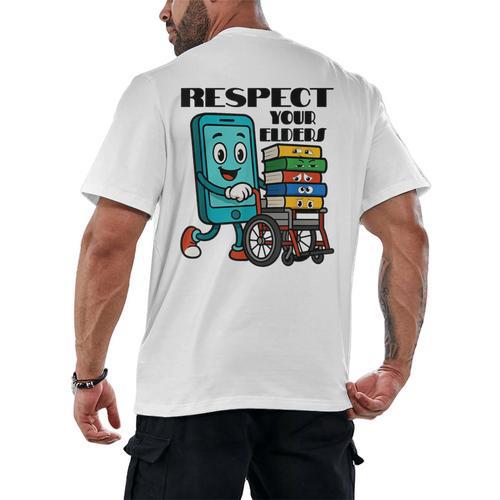 Respect Elders Cellphone Pushing Books In a Wheelchair Men's Back Print T-Shirt - Bookorys DE
