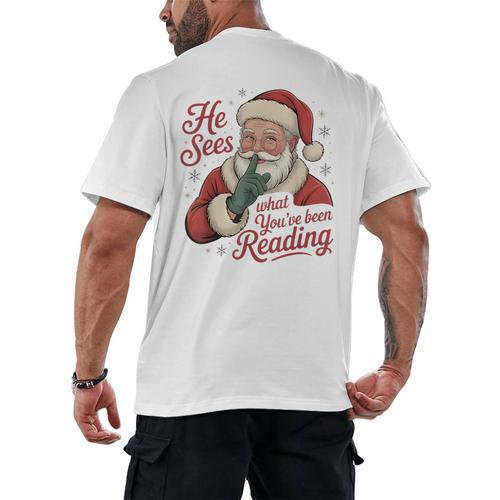 He Sees What You'Ve Been Reading Bookish Christmas Humor Men's Back Print T-Shirt - Bookorys CA