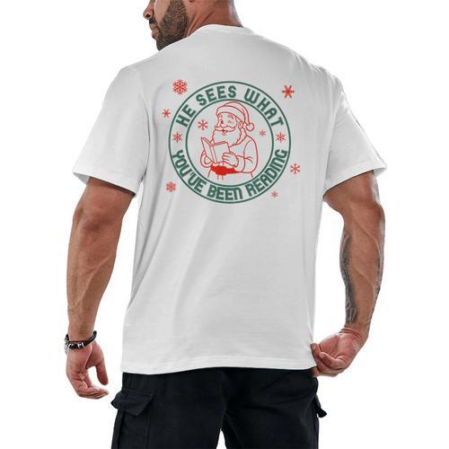 He Sees What You'Ve Been Reading Christmas Book Lover Shirt Men's Back Print T-Shirt - Bookorys DE