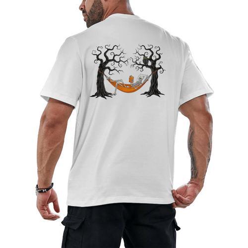 Skeleton Reading Book In Hammock Halloween Reader Men's Back Print T-Shirt - Bookorys UK