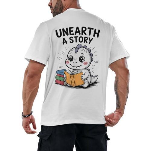 Unearth a Story Cute Dinosaur Summer Reading 2026 Dino Book Men's Back Print T-Shirt - Bookorys