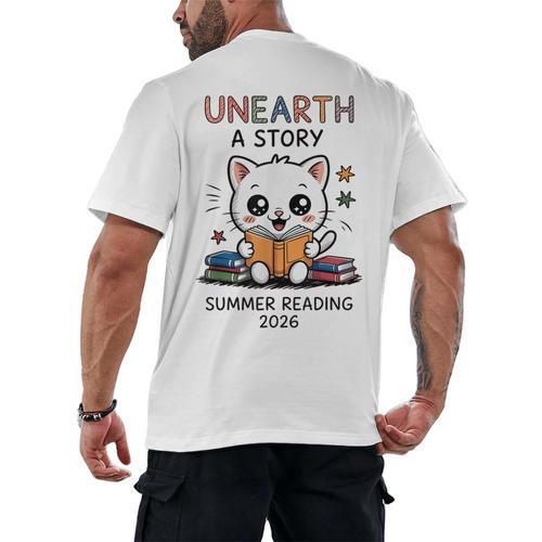 Unearth a Story Cute Kitten Summer Reading 2026 Cat Book Men's Back Print T-Shirt - Bookorys AU