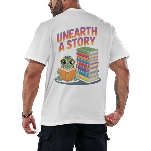 Unearth A Story Cute Turtle Reading Books Librarian Men's Back Print T-Shirt - Bookorys UK