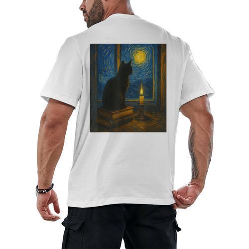 Van Gogh Starry Night Art Cat And Book Lovers Men's Back Print T-Shirt - Bookorys AU