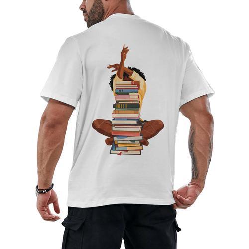 Woman And Books Stack Afro Girl Book Lover Men's Back Print T-Shirt - Bookorys DE