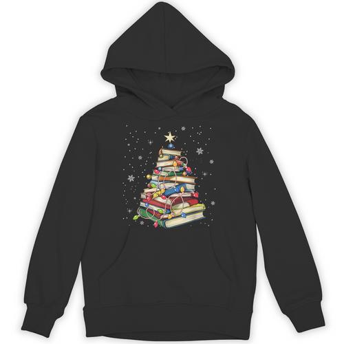 Book Christmas Tree Teacher Book Lover Crew Neck Modern Classic Christmas Small Short Sleeve -Adults -Kids Unisex Hoodie - Bookorys
