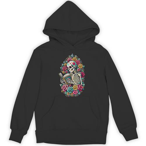 Book Lover Skeleton Reading With Dia De Los Muertos Flowers Unisex Hoodie - Bookorys AU