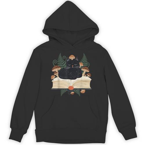 Cat On Open Book Mushrooms Ferns Dark Academia Unisex Hoodie - Bookorys