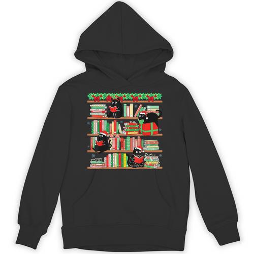 Christmas Cat Santa Bookshelves Book Lover Reader Unisex Hoodie - Bookorys AU