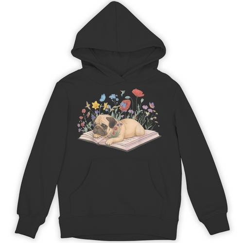 Color Floral Cute Pug Dog On Book Reading Bookworm Reader Unisex Hoodie - Bookorys