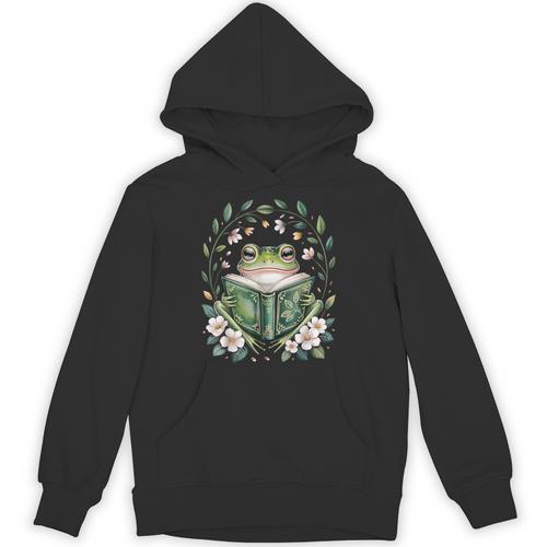 Cottagecore Whimsical Green Frog Read A Book Nature Flowers Unisex Hoodie - Bookorys