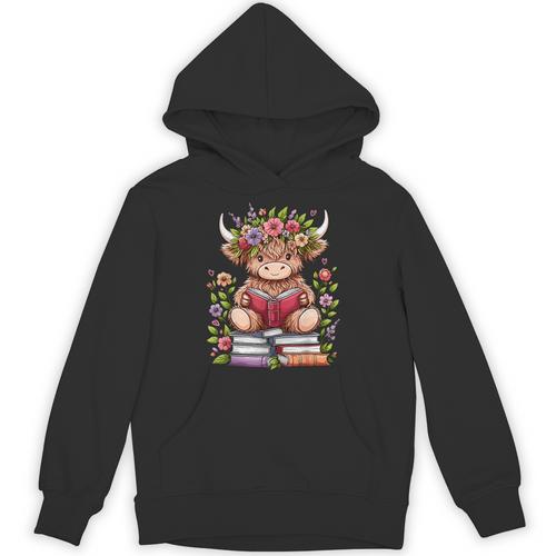 Cute Baby Highland Cow With Reading Book Bookworm Unisex Hoodie - Bookorys DE