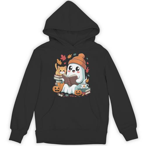 Cute Cozy Ghost Reading With Cat Book Lover Autumn Fall Unisex Hoodie - Bookorys