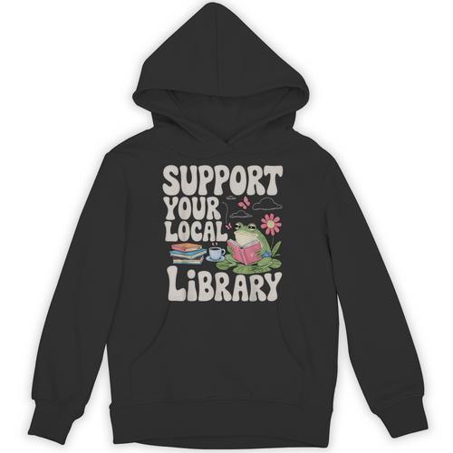 Cute Frog Support Your Local Library Librarian Book Lover Unisex Hoodie - Bookorys CA