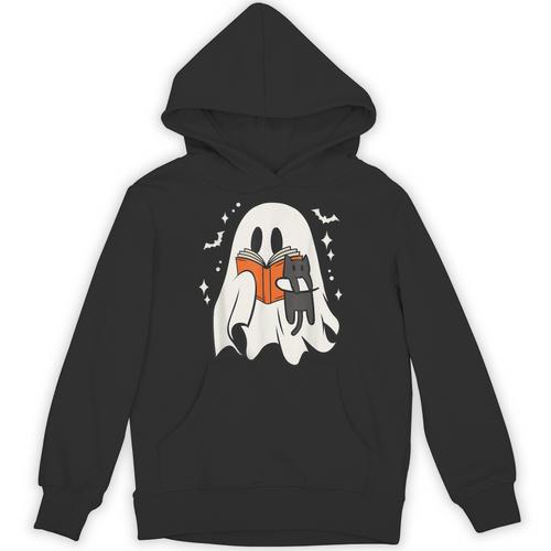 Cute Ghost Reading Book Spooky Season Halloween Costume Kids Unisex Hoodie - Bookorys
