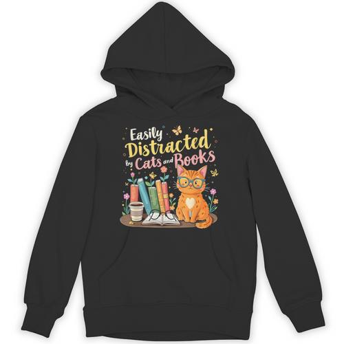 Easily Distracted By Cats And Books Book & Cat Lover Unisex Hoodie - Bookorys AU