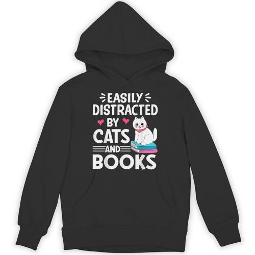 Easily Distracted By Cats And Books Cute Cat And Book Lovers Unisex Hoodie - Bookorys