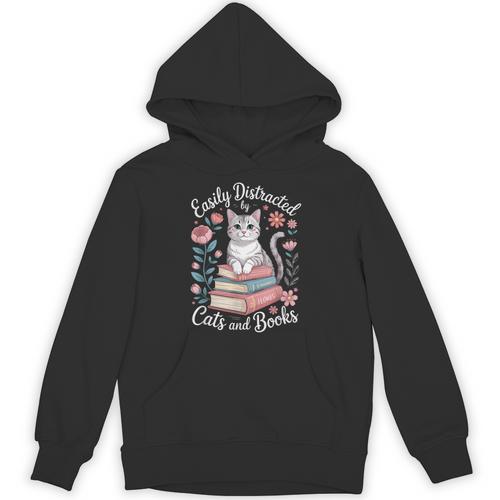 Easily Distracted By Cats And Books Reading Unisex Hoodie - Bookorys