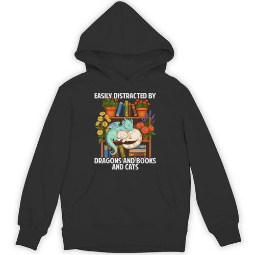 Easily Distracted By Dragons Books Cats Fantasy Book Lover Unisex Hoodie - Bookorys