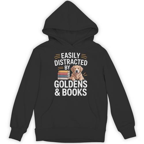 Easily Distracted By Goldens & Books Golden Retriever Dog Unisex Hoodie - Bookorys