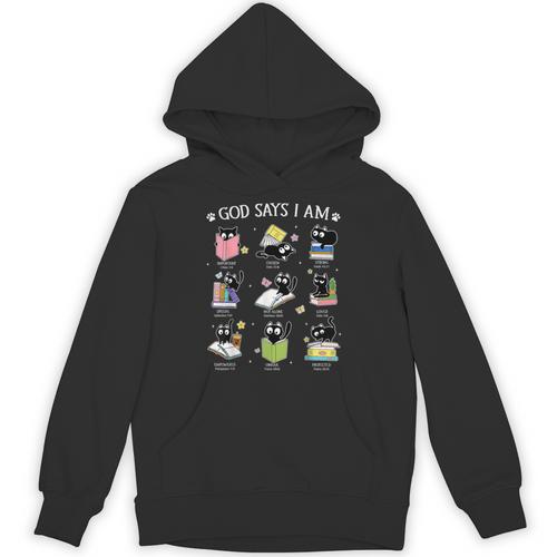 God Says I Am Cat Book Lover Christian Cute Jesus Girls Kids Unisex Hoodie - Bookorys CA
