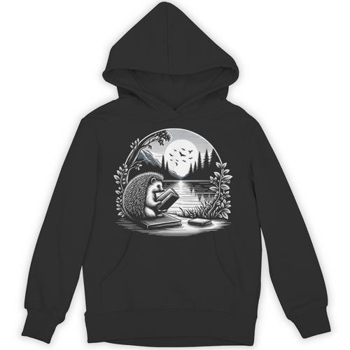 Hedgehog Reading Book Full Moon Lake Scenery Unisex Hoodie - Bookorys DE