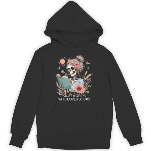Just A Girl Who Loves Books Messy Bun Book Skeleton Bookworm Unisex Hoodie - Bookorys