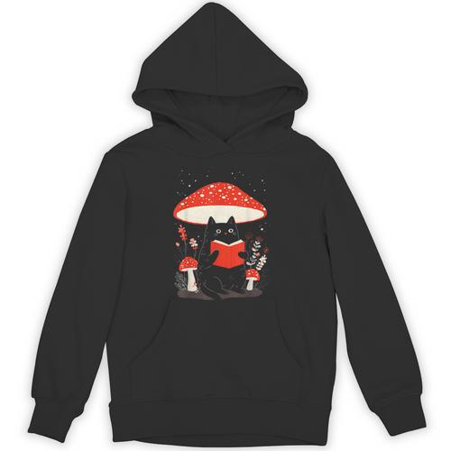 Kawaii Cottagecore Mushroom Cat Reading a Book Unisex Hoodie - Bookorys AU