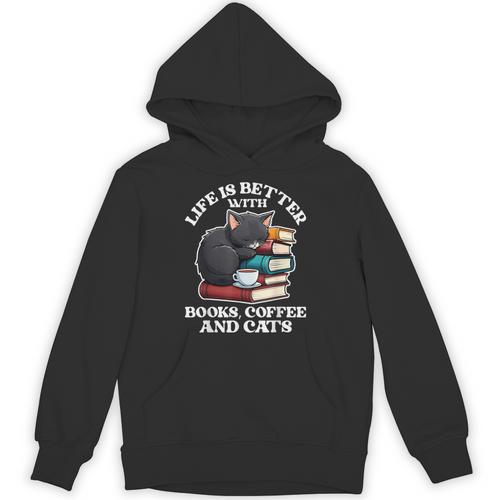 Life Is Better With Books Cats & Coffee Librarian Book Lover Unisex Hoodie - Bookorys