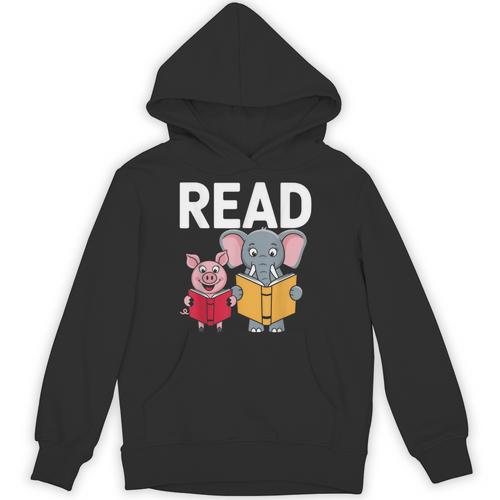 Pig Elephant Reading Cute Book Lover Bookworm Boys Girls Kid Unisex Hoodie - Bookorys CA