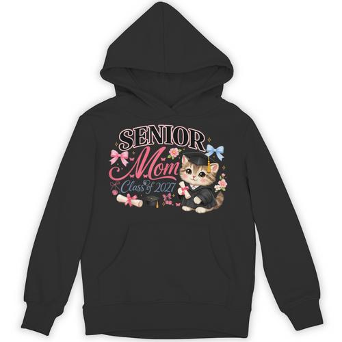 Senior Mom Class Of 2027 Cute Cat Graduation Pink Bows Girls Unisex Hoodie - Best Gift Smart