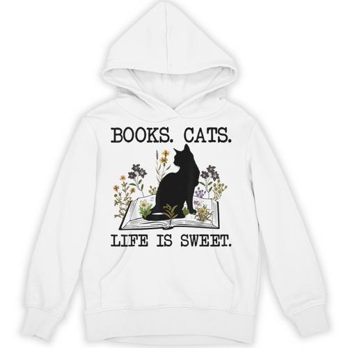 Books Cats Life Is Sweet Cat Book Lover Men Women Teen Unisex Hoodie - Bookorys UK