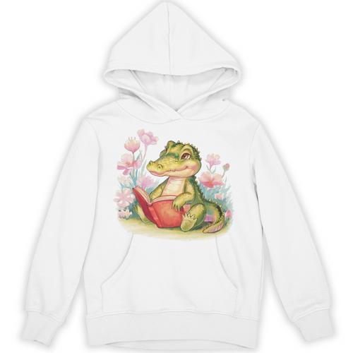 Crocodile Reading Book Watercolor Flowers Kids Unisex Hoodie - Bookorys