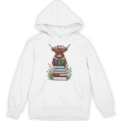 Cute Highland Cow With Book Floral Bookworm Librarian Book Unisex Hoodie - Bookorys