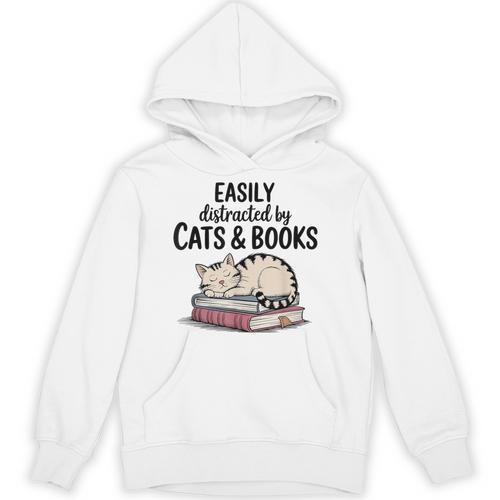 Easily Distracted By Cats And Books Cute Book Lover Unisex Hoodie - Bookorys CA