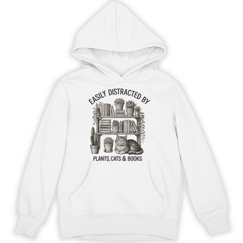 Easily Distracted By Plants Cats & Books Planting Gardening Unisex Hoodie - Bookorys