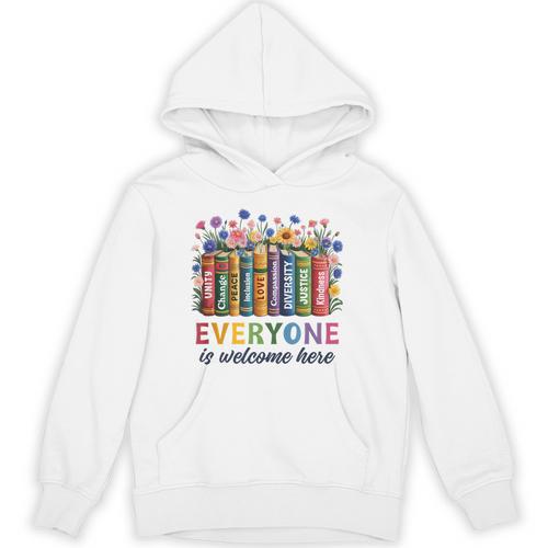 Everyone Is Welcome Here Floral Book LGBT Pride Equality Unisex Hoodie - Bookorys CA