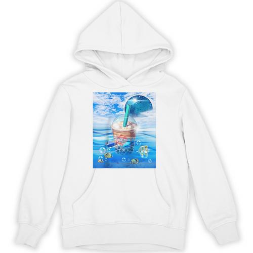Frutiger Aero Aesthetic Tech Bubble Tea Boba Milktea Fishes Raglan Baseball Tee Unisex Hoodie - Figerry