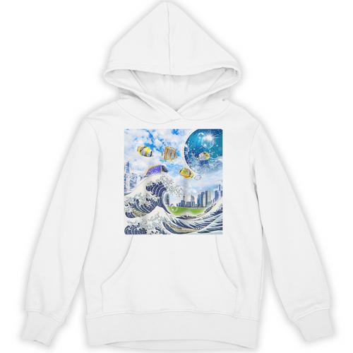 Frutiger Aero Aesthetic Tech Great Wave Of Kanagawa Fishes Raglan Baseball Tee Unisex Hoodie - Figerry